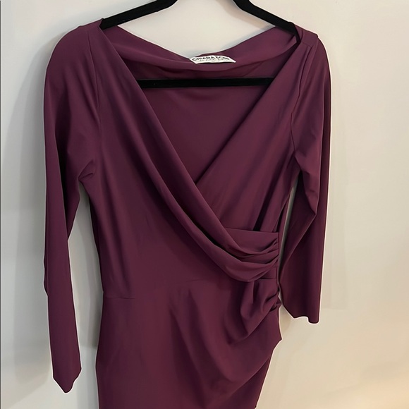 Purple Midi Sheath Dress with 3/4 Sleeves and Asymmetrical Neckline for Cocktail - Picture 5 of 5